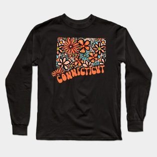 Connecticut State Design | Artist Designed Illustration Featuring Connecticut State Outline Filled With Retro Flowers with Retro Hand-Lettering Long Sleeve T-Shirt